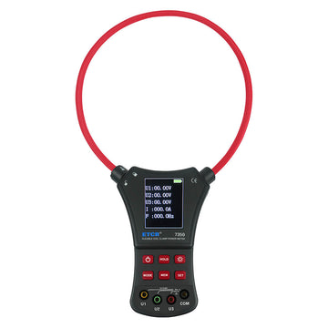 Front view of the ETCR7350 flexible clamp power meter showing the digital display and control buttons.